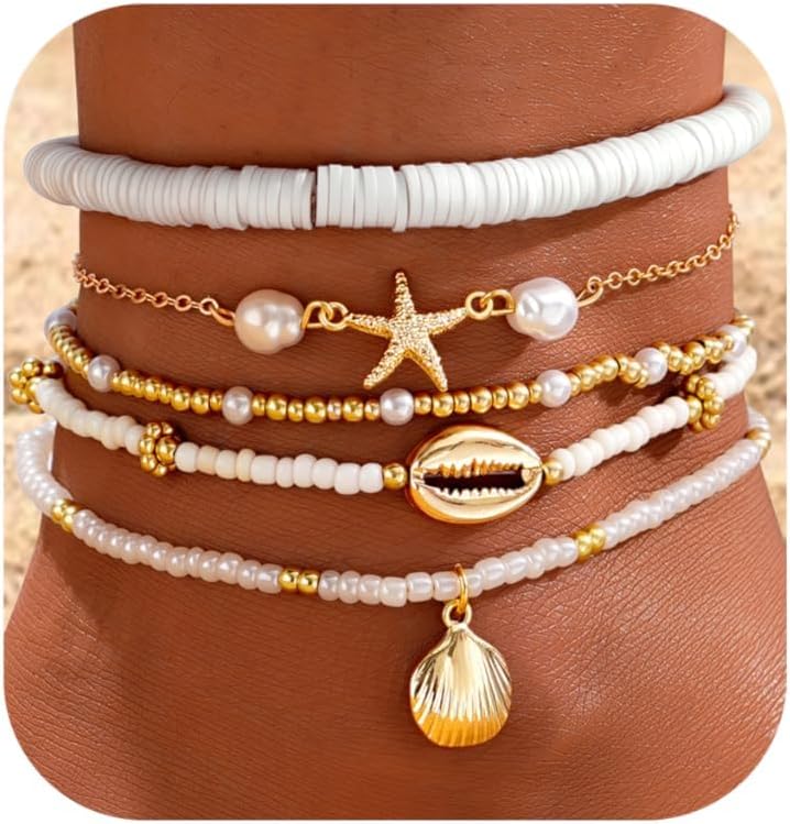 Shall Shell Boho Shell Ankle Bracelet Set for Women, 5 Pairs 14K Boho Bead Handmade Adjustable Anklet, Hawaiian Beach Seashell Starfish Foot Jewelry Gifts - Image 1
